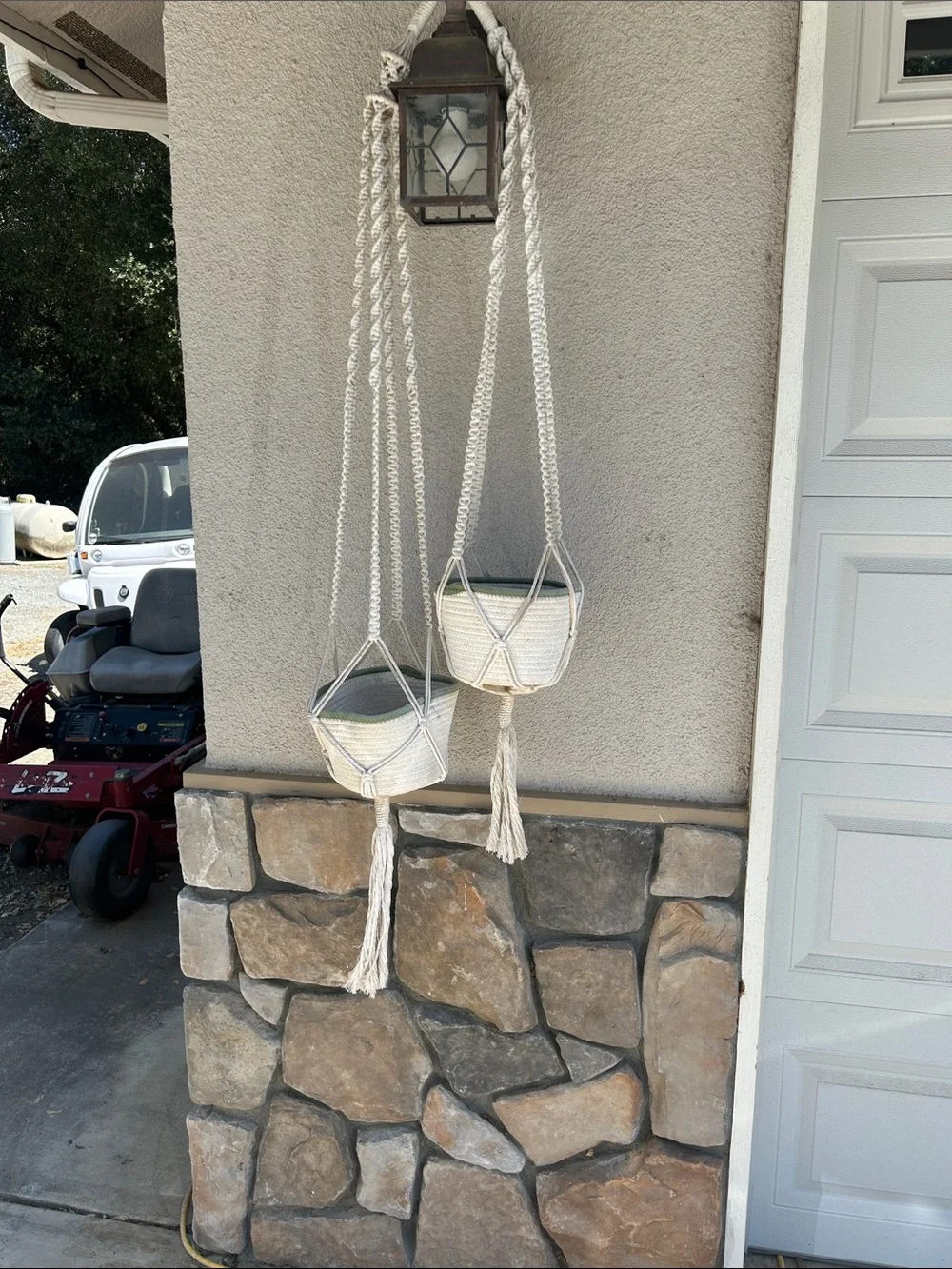 Levi's Cream Macramé Hanging Planters with Green Liner
